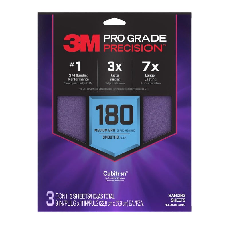 3M SHR180-PGP-3T Pro Grade Precision Faster Sanding, Sanding Sheets, 180-Grit Medium, 9"" x 11"", 3-Pack - Image 1